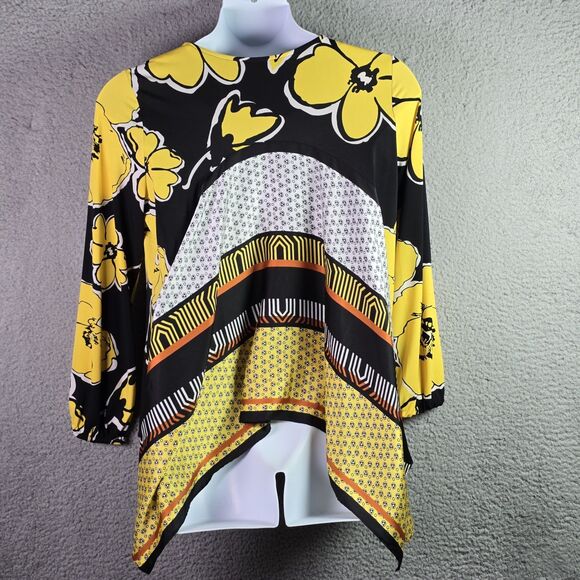 MSK Dopamine Tunic Roomy Yellow Floral Patchwork Jersey High Low Statement Flowy - Picture 5 of 16